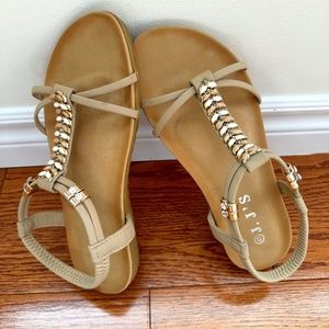 J.J's Brand Sandal with Beige Straps and Gold/Rhinestone Embellishments